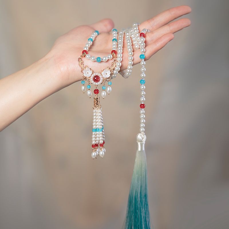 Women Accessories Set - Blue horse-face skirt with long tassel