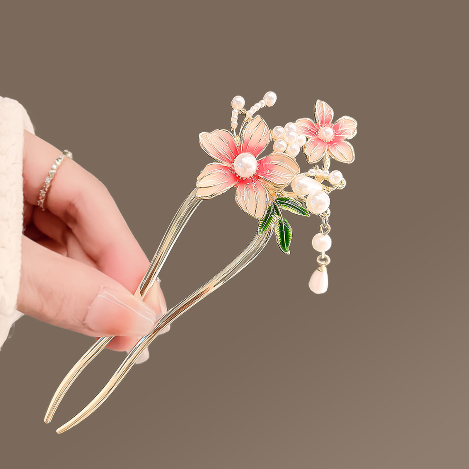 Elegant Pink Flower Hair Pin U - Pearl Hair Pin ulasan dan harga