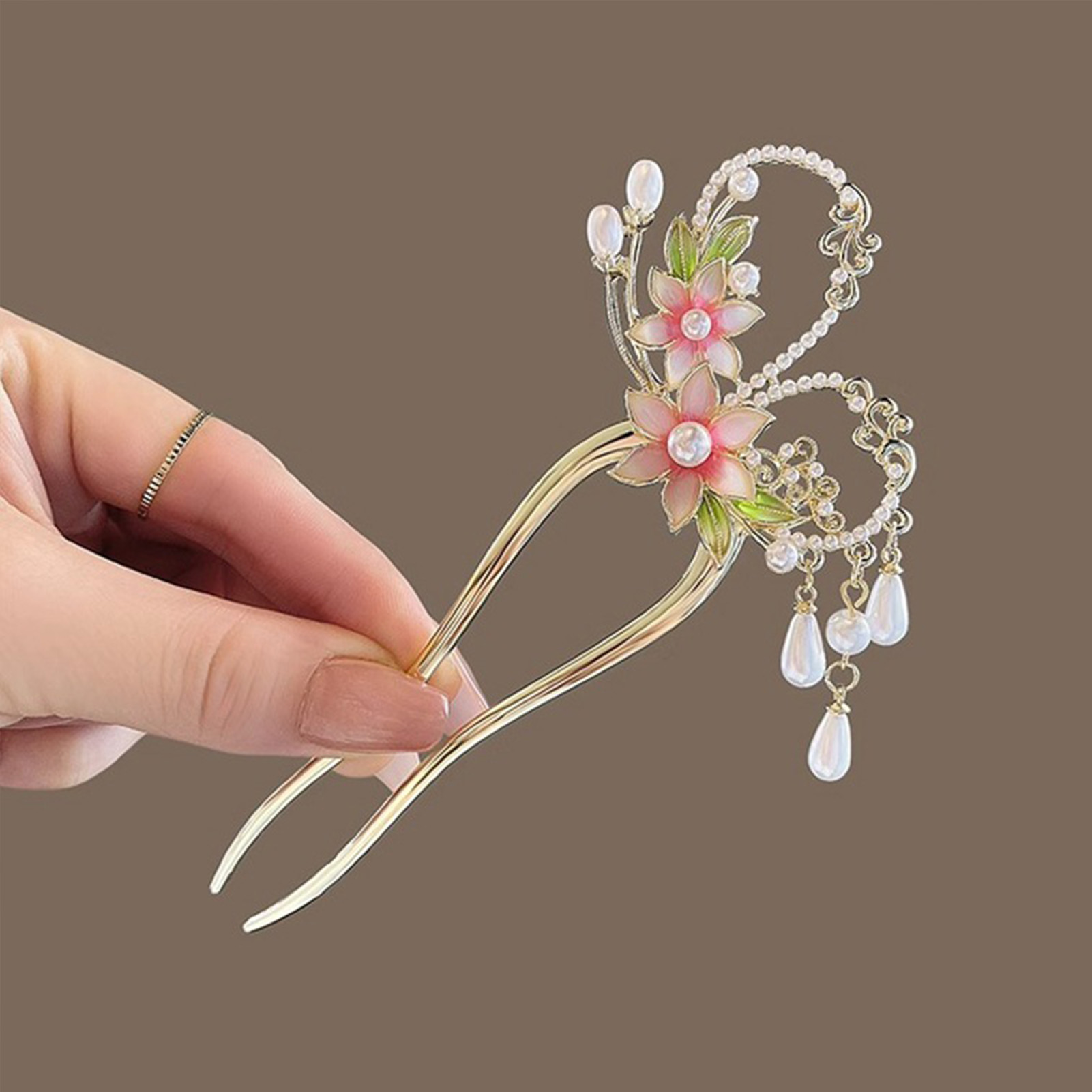Elegant Pink Flower Hair Pin U - Pearl Hair Pin ulasan dan harga