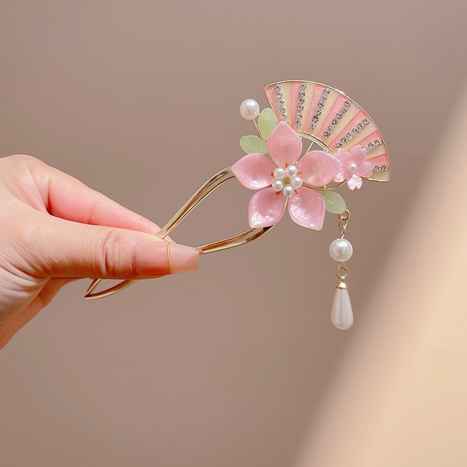 Elegant Pink Flower Hair Pin U - Pearl Hair Pin ulasan dan harga